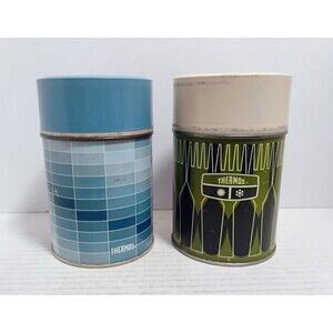 VTG KING SEELY 10 OZ METAL THERMOS LOT GREEN SPOON FORK & BLUE CHECKERED READ!!!